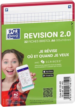 Fiches Bristol non perforées Oxford - Révision 2.0 - A6 10,5 x 14,8 cm - 250 g/m² - 5x5 - Blanc à bord rouge - 32 feuilles