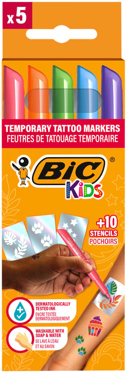 Lot de 5 feutres de tatouage temporaire + pochoirs - BIC Kids - Tattoo