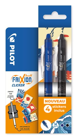 2 stylos - 1 noir et 1 bleu - FriXion Ball Clicker + 4 stickers Voyage Offerts - Pointe Moyenne - PILOT