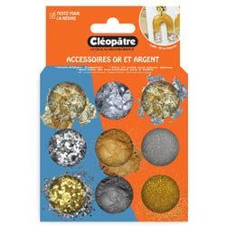 Boîte de 9 pots d'accessoires - Thème or et argent - Résine UV