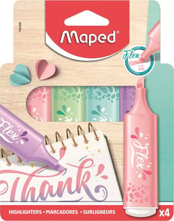 Maped - 4 Surligneurs FLEX Pastel - Pointe Biseautée et Flexible - Surligneurs Longue Durée