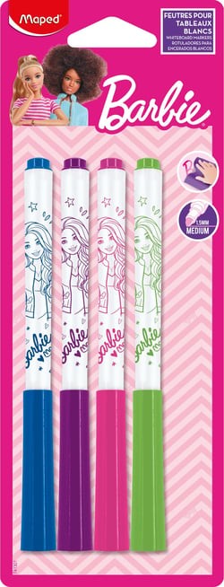 Lot de 4 feutres effaçables pointe moyenne - Maped - Barbie - Bleu, violet, rose, vert 