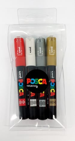 Pochette de 4 marqueurs POSCA - Pointe conique extra-fine - Or, Argent, Blanc et Rouge - PC1MC