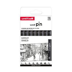Lot de 8 Feutres Techniques Uni-Ball - Uni-Pin - Noir - Pointes assorties 0.05 / 0.2 / 0.4 / 0.6 / 0.8 / 1.0 / 1.2 / Brush