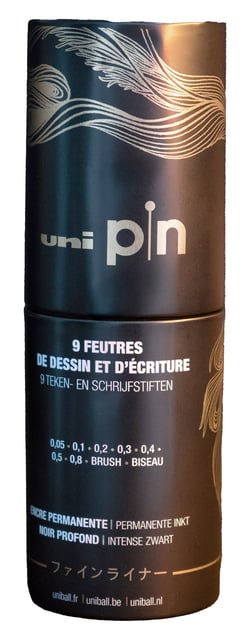 Coffret tube métal 2025 9 feutres techniques - Uni-Pin - Noir profond