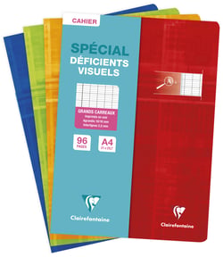 1 cahier piqué - A4 - Clairefontaine spécial déficients visuels - 96 pages grands carreaux - Modèles assortis