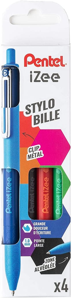 Lot de 4 stylos bille rétractables - iZee - Pointe large - Pentel
