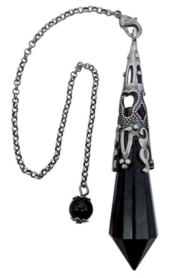 Pendule Pointe Obsidienne Noire et Métal argenté vieilli Design Witch