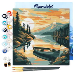 Peinture au numéro Figured'Art - Lac de montagne et canoë - 20 x 20 cm