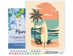Peinture au numéro Figured'Art avec cadre - Planche de surf sur la plage - Toile tendue sur châssis - 40 x 50cm