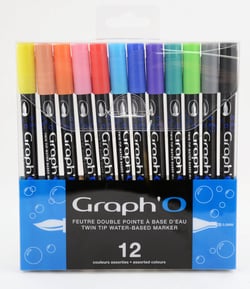 Lot de 12 feutres à eau double pointe Graph'o - Couleurs assorties - Essentiel