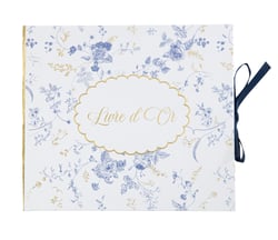 Livre d'or toile de Jouy avec ruban - Blanc, bleu et or - 22 x 19,5 cm - 68 pages