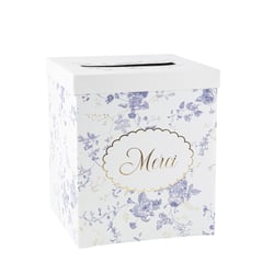 Urne toile de Jouy - Merci - Blanc, bleu et or - 21 x 25 cm                 