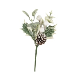 Décoration - Branche d'eucalyptus, houx, pomme de pin et baies enneigés - 15cm