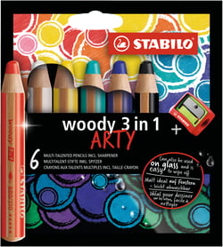 Lot de 6 crayons multi-talents pointe extra-large + 1 taille-crayons - STABILO - Couleurs assorties - Woody 3 in 1 ARTY