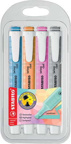 Lot de 4 surligneurs STABILO - Swing cool  Pastel - Pointe fine  - Abricot / bleu / mauve / gris