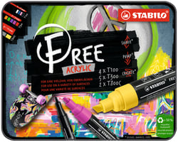 Acrylic Marker - STABILO FREE Acrylic - T300 2-3 mm Bullet Tip Vibrant -  Wallet of 5 - Assorted Colours