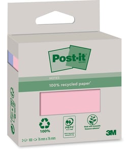Post-it® en papier 100% recyclé - 76 x 76 mm - Notes - 3M - bloc de 100 feuilles - couleurs assorties