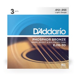 D'Addario EJ16-3D - Cordes en bronze phosphoreux guitare acoustique - .012 - .053 - 3 sets