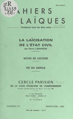 La laïcisation de l'État civil - Notes de lecture. Vie du Cercle