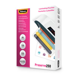 100 Pochettes plastifiées A4 - Laminating Pouches Preserve 250 Micron - Fellowes - Brillant