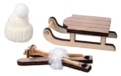 Luge et skis en bois + Bonnet miniatures Rayher