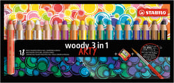 Lot de 18 crayons multi-talents pointe extra-large + 1 taille-crayons + 1 pinceau - STABILO - Couleurs assorties - Woody 3 in 1 ARTY