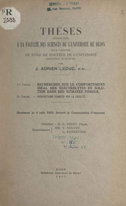 Recherches sur le comportement idéal des électrolytes en solution dans des nitrates fondus - Suivi de Propositions données par la Faculté : contribution à l'étude de la séparation de terres rares par la méthode des solvants sélectifs