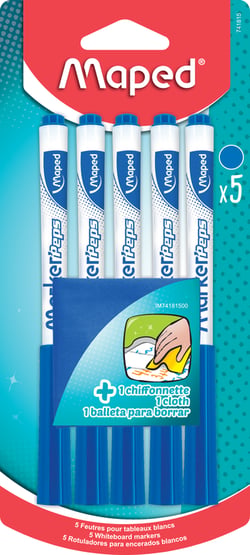 5 feutres effaçables à sec + chiffonnette Maped - Marker Peps - Bleu - Pointe moyenne