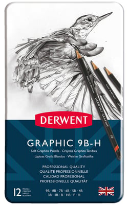 12 crayons graphite Derwent - Boîtier en métal