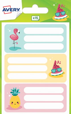15 étiquettes scolaires - flamant rose, pastèque et ananas - 76 x 34 mm