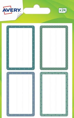 24 étiquettes scolaires - motifs bleus et verts - 36 x 56 mm