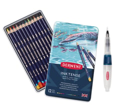 Boîte métal de 12 crayons aquarellables Inktense + 1 pinceau à réservoir d'eau - Derwent