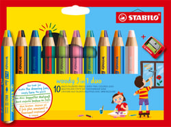 Lot de 10 crayons multi-talents pointe extra-large + 1 taille-crayons - STABILO - Couleurs assorties - Woody 3 in 1