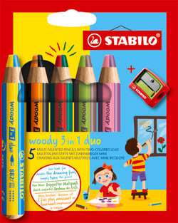 Lot de 5 crayons multi-talents pointe extra-large + 1 taille-crayons - STABILO - Couleurs assorties - Woody 3 in 1