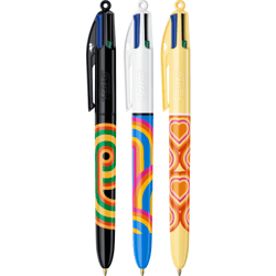 Confezione Da 3 Penne BIC 4 Colori Décors Série Retro Lines - Blu, Rosso, Verde, Nero - Penna A Sfera Ricaricabile Prodotta In Francia