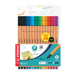 Lot de 15 stylos feutres STABILO - Point 88 - Couleurs assorties - Pointe fine 