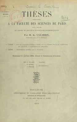 Sur les fonctions entières d'ordre nul et d'ordre fini et, en particulier, les fonctions à correspondance régulière - Thèses présentées à la Faculté des sciences de Paris pour obtenir le grade de Docteur ès sciences mathématiques, soutenues le 20 Juin ...