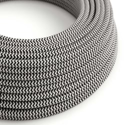2,5 mètres Câble textile - L'Original Creative-Cables - RZ04 rond 2x0.75mm - Noir Charbon et Blanc Optique ZigZag brillant