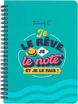 Cahier Mr Wonderful - Bleu - A5 14 x 21 cm - Je le rêve, je le note, je le fais ! - 160 pages quadrillées