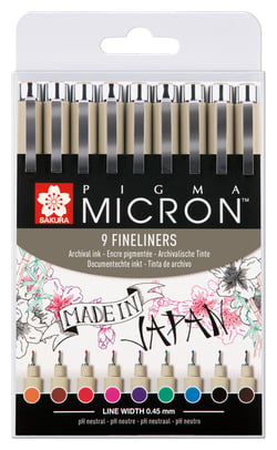Lot de 9 fineliners pointe fine - Sakura - Couleurs assorties - Pigma Micron