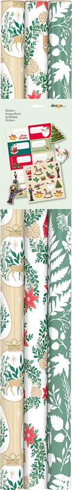 Rouleaux de papier cadeau x3 et étiquettes x20 - Traditionnel