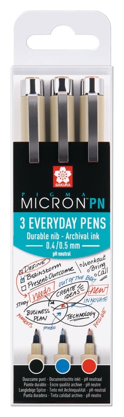 Lot de 3 feutres pointe fine - Sakura - Noir, bleu, rouge - Pigma Micron Everyday Pens