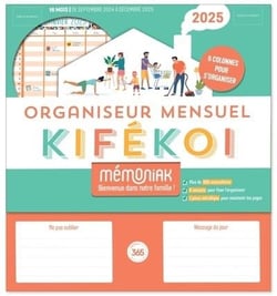 Organiseur Mémoniak Kifékoi, calendrier mensuel en colonnes (sept. 2024- déc. 2025)