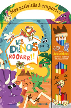 Mes activités à emporter - Les dinos - Avec des stickers, 6 crayons bicolores et une gomme !