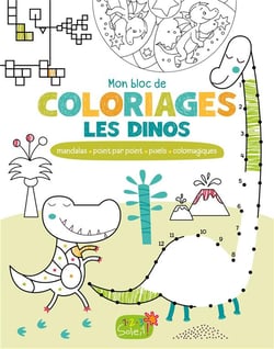 Mon bloc de coloriages les dinos - mandalas, point par point, pixels, colomagiques