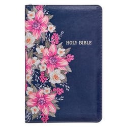 FLORAL BLUE FAUX LEATHER KING JAMES VERSION DELUXE GIFT BIBLE WITH - THUMB INDEX AND ZIPPERED CLOSURE