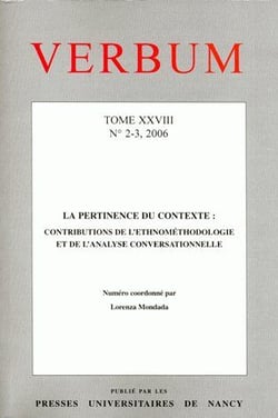 VERBUM n.18/2.3 : la pertinence du contexte - contributions de l'ethnométhodologie