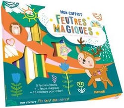 Mon coffret feutres magiques - Avec des stickers, des motifs et un livre de coloriage ! 5 feutres colorés + 1 feutre magique = 10 couleurs pour créer !
