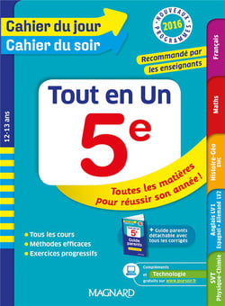 Cahier du jour / cahier du soir  : tout en un - 5e - 12-13 ans (nouveaux programmes 2016)